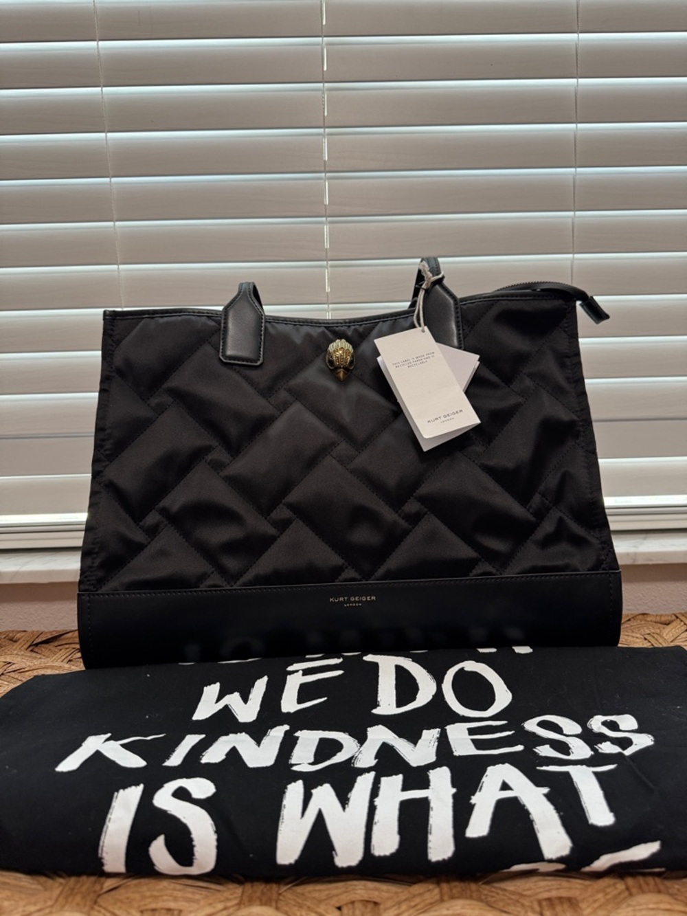 NWT Kurt Geiger Black Nylon Quilted Tote with Gold eagle Charm